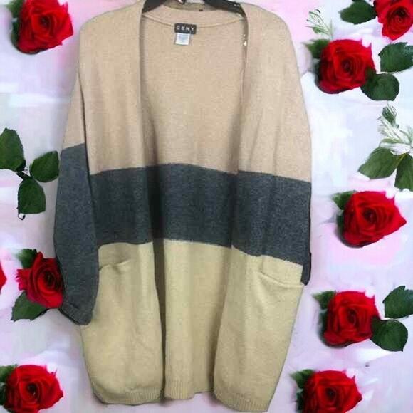 CENY Women’s Cardigan M Tan Gray Colorblock Open Front Pockets NWOT - Picture 2 of 16